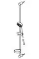 Wandstangengarnitur von HANSA mit Handbrause und Halterung, vertikal montiert, aus Chrom. Es gibt eine Schlauchführung und einen Wasseranschluss.